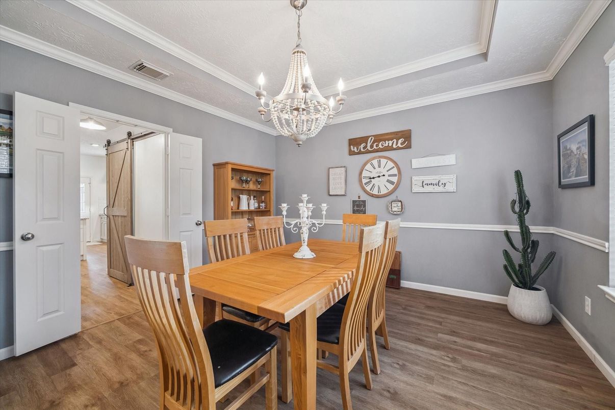 Chandelier, Dining room, Interior, Wood Texture Flooring