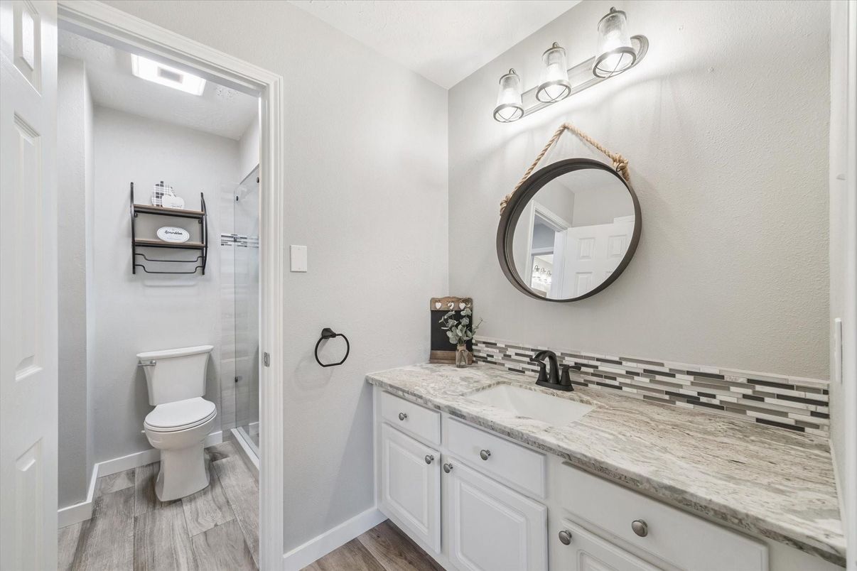 Bathroom, Glass Shower, Interior, Wood Texture Flooring