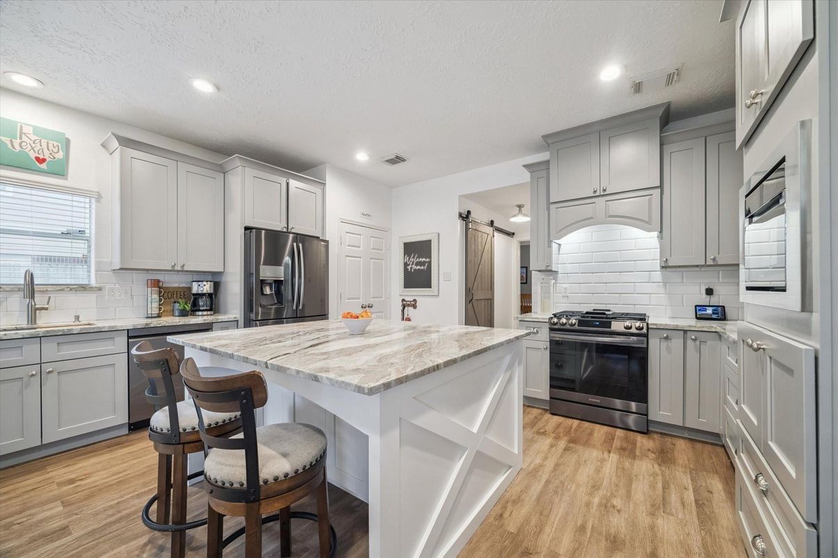 Interior, Kitchen, Recessed Lighting, Stainless Steel Appliances, Wood Texture Flooring