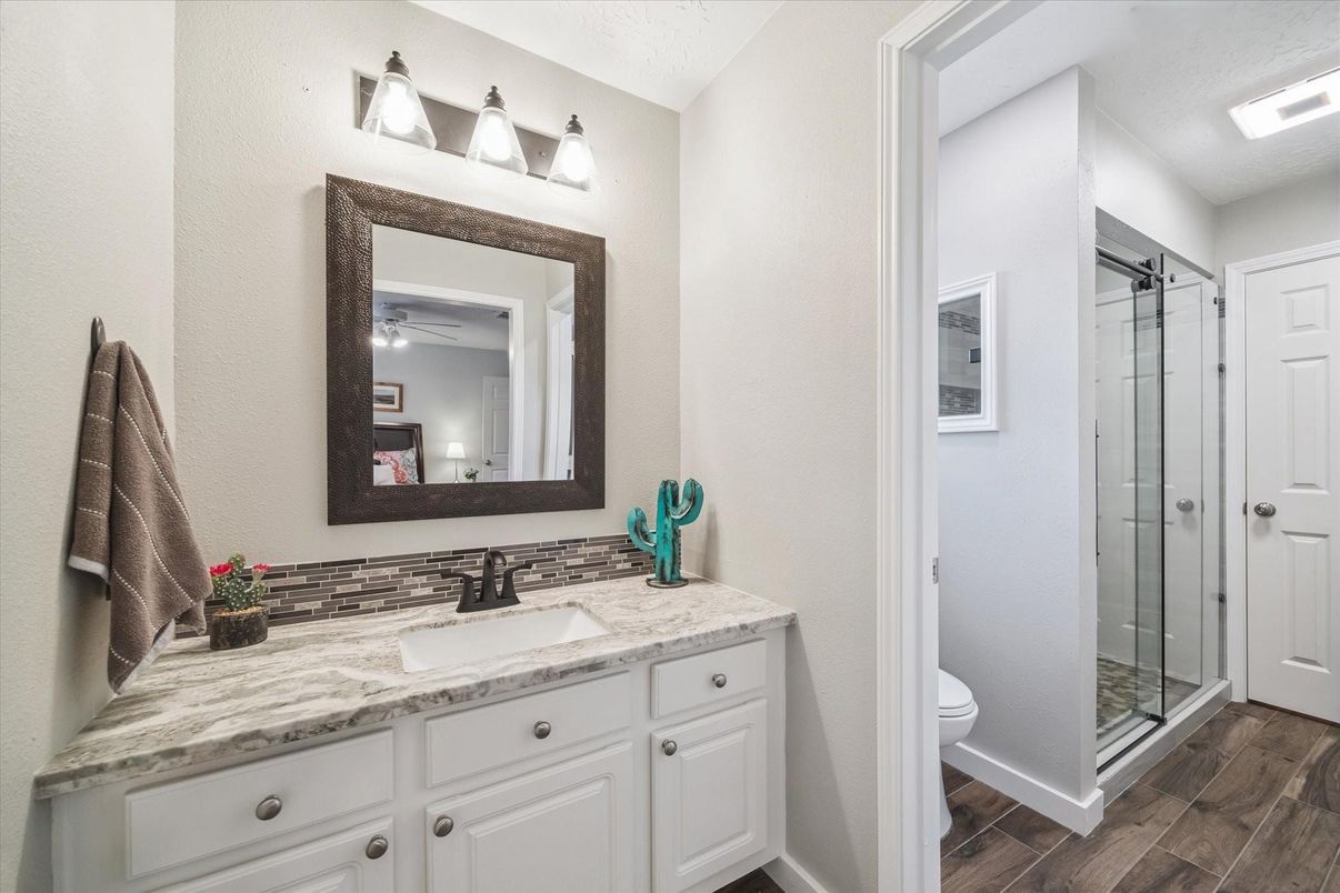 Bathroom, Glass Shower, Interior, Wood Texture Flooring