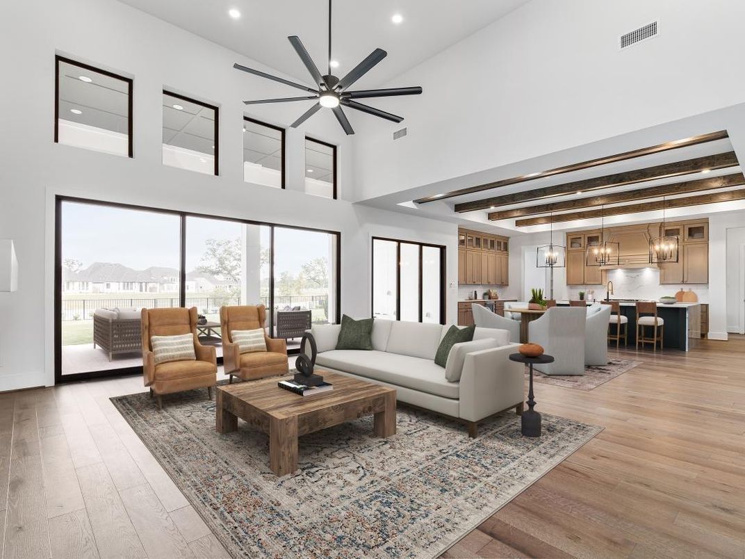 Dining room, Interior, Kitchen, Living room, Pendant Lights, Recessed Lighting, Wooden Beams, Wood Texture Flooring