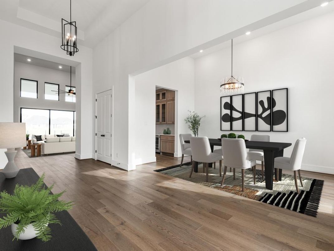 Dining room, Interior, Pendant Lights, Recessed Lighting, Wood Texture Flooring