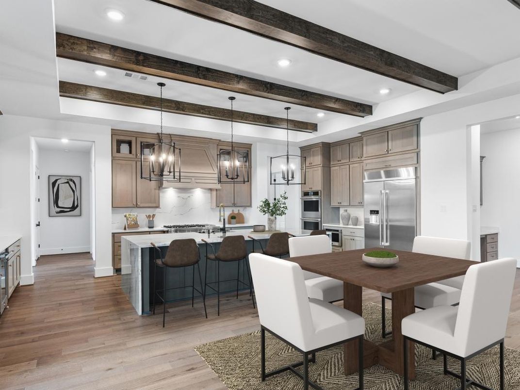 Dining room, Interior, Kitchen, Pendant Lights, Recessed Lighting, Stainless Steel Appliances, Wooden Beams, Wood Texture Flooring