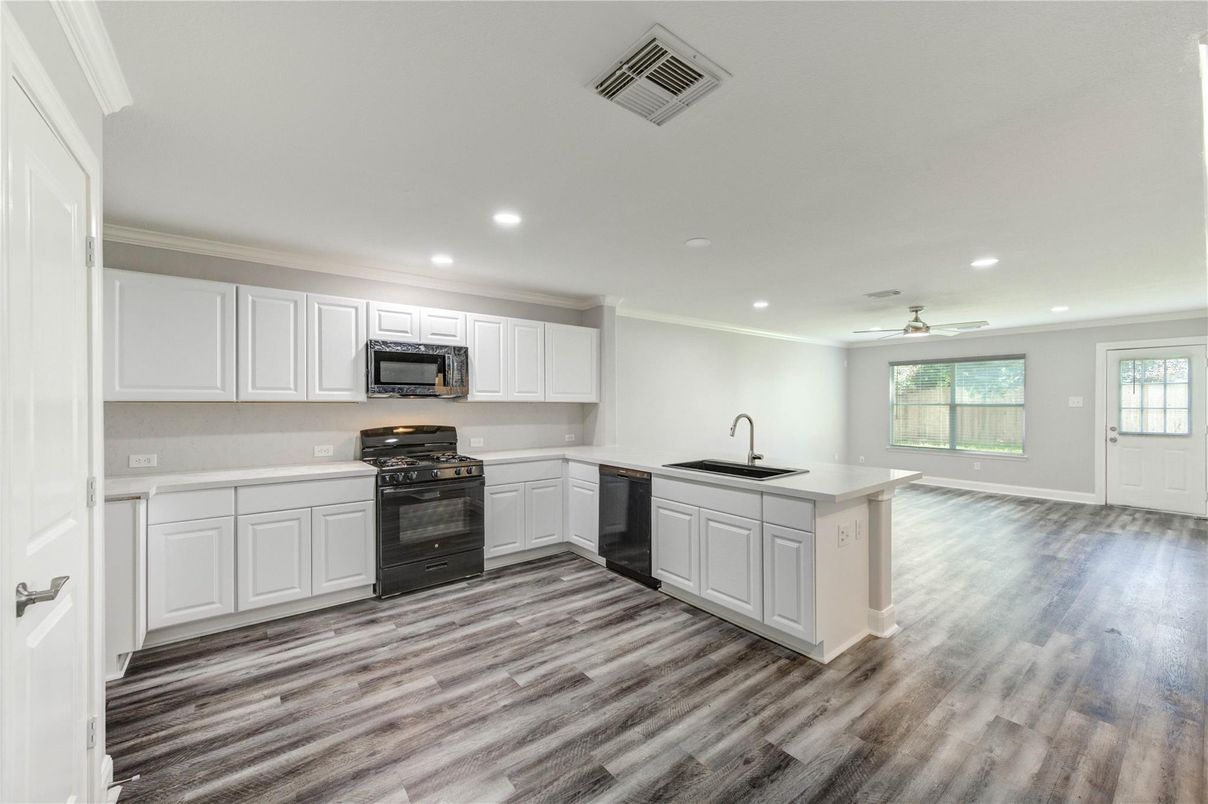 Interior, Kitchen, Recessed Lighting, Wood Texture Flooring