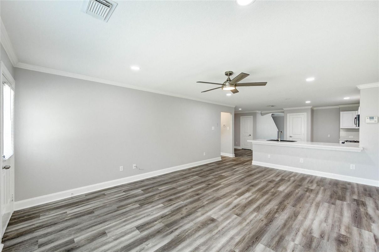 Empty room, Interior, Kitchen, Recessed Lighting, Wood Texture Flooring