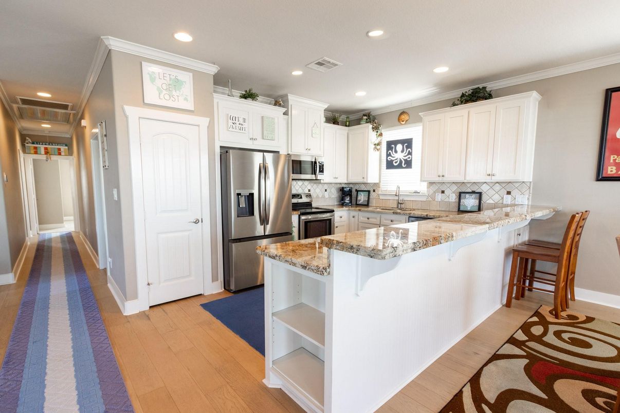 Interior, Kitchen, Recessed Lighting, Stainless Steel Appliances, Wood Texture Flooring