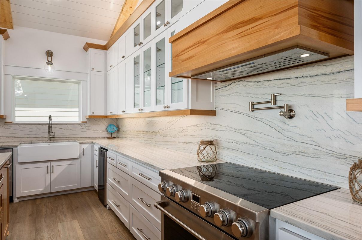 Interior, Kitchen, Marble Walls, Stainless Steel Appliances, Wood Texture Flooring