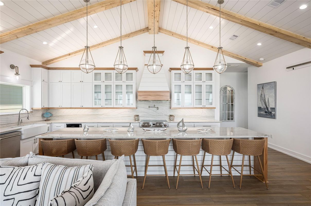 Interior, Kitchen, Pendant Lights, Recessed Lighting, Stainless Steel Appliances, Wooden Beams, Wood Texture Flooring