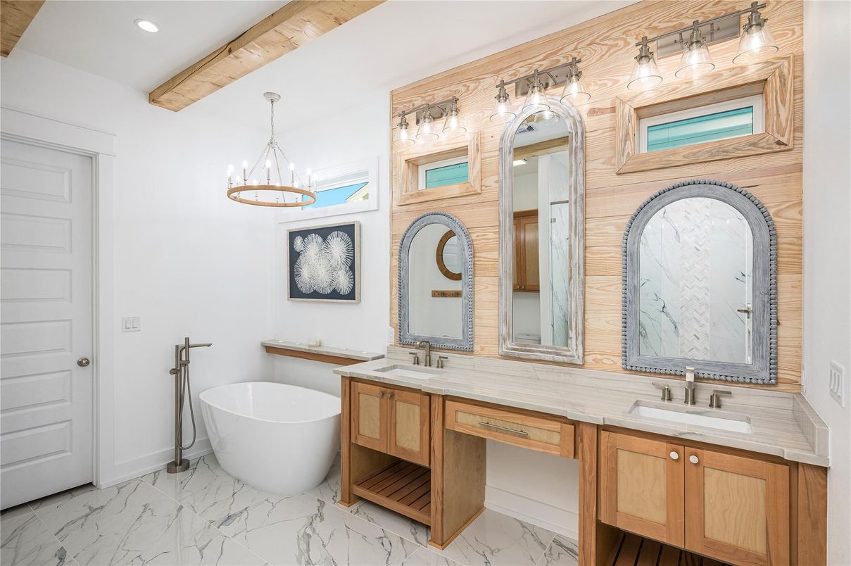 Bathroom, Dual Sink Vanities, Free Standing Baths, Interior, Marble, Pendant Lights, Recessed Lighting