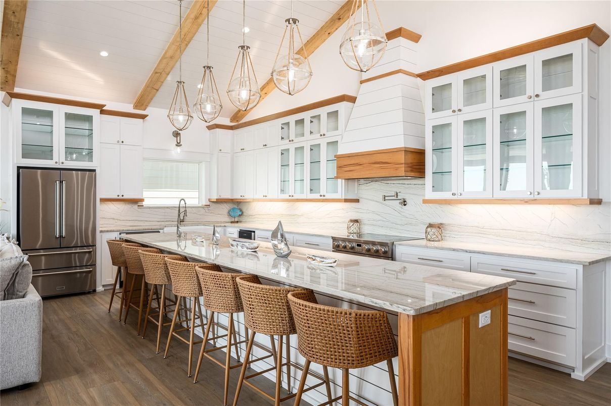 Interior, Kitchen, Marble Walls, Pendant Lights, Recessed Lighting, Stainless Steel Appliances, Wooden Beams, Wood Texture Flooring