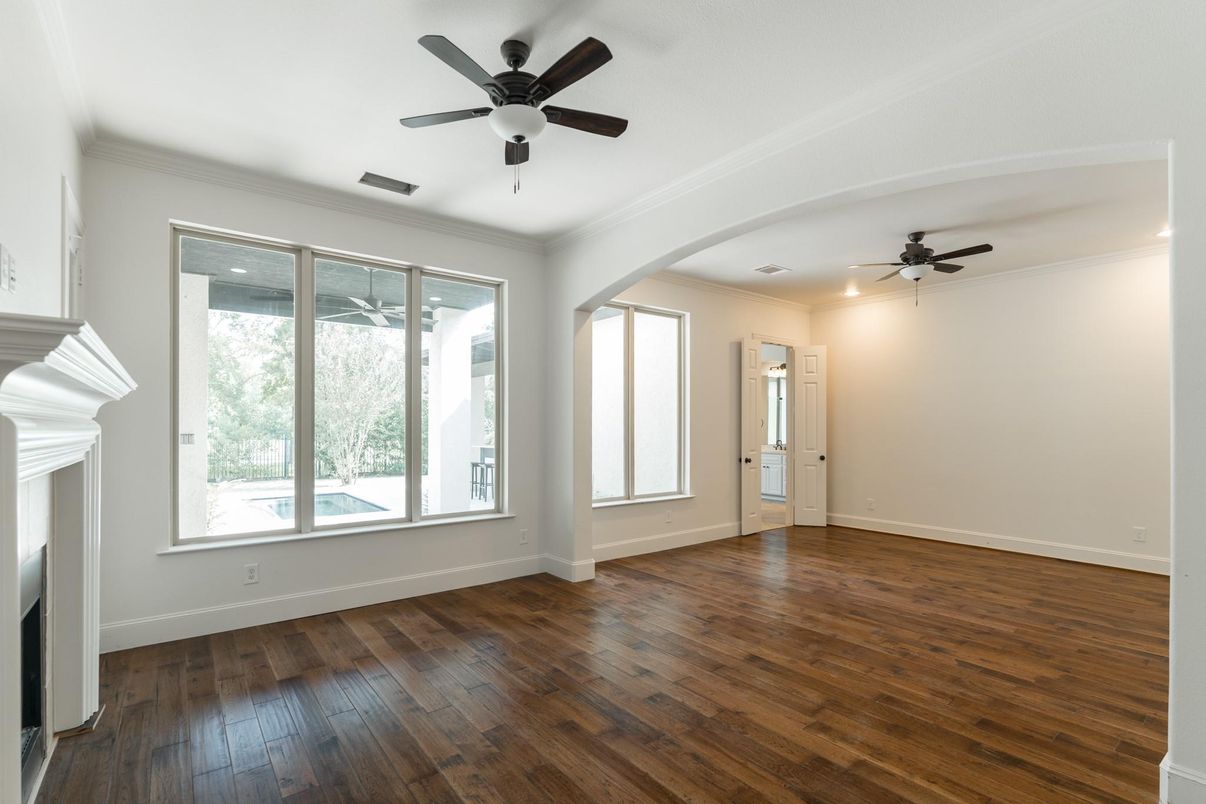 Empty room, Fireplace, Interior, Recessed Lighting, Wood Texture Flooring