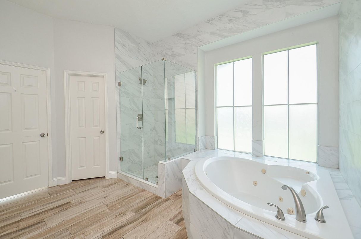 Bathroom, Glass Shower, Interior, Marble Walls, Wood Texture Flooring