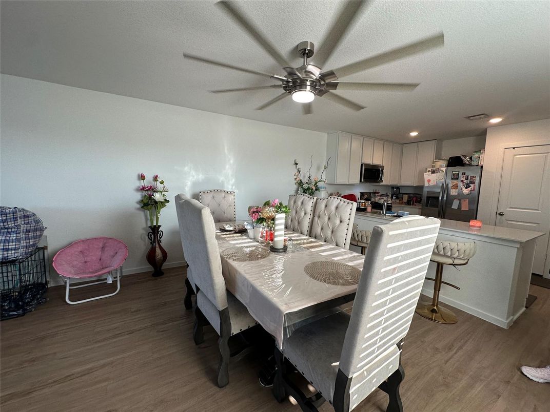 Dining room, Interior, Kitchen, Recessed Lighting, Wood Texture Flooring