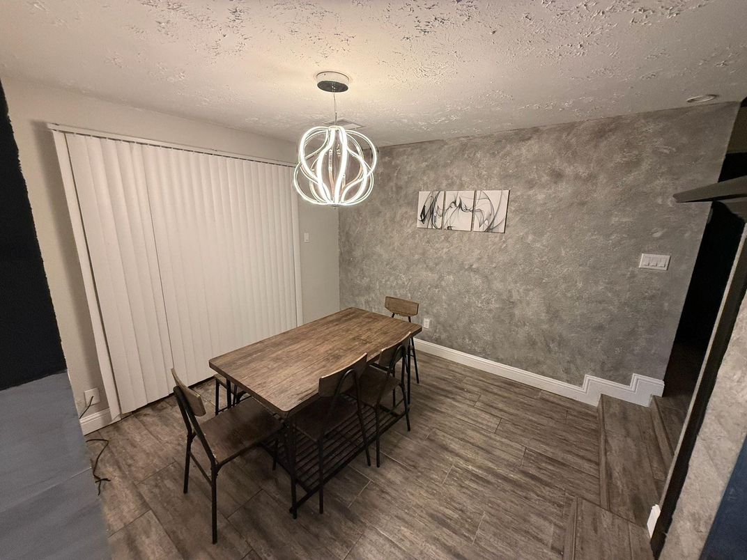 Dining room, Interior, Pendant Lights, Wood Texture Flooring