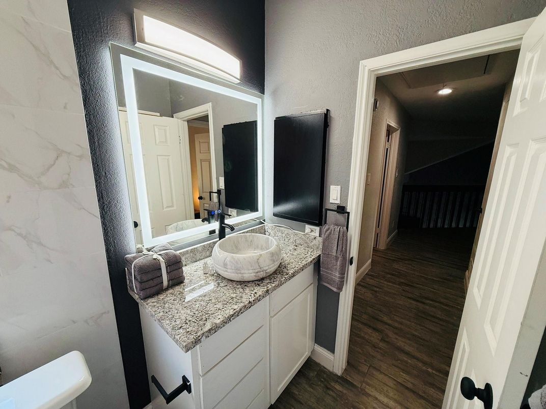 Bathroom, Interior, Marble Walls, Recessed Lighting, Wood Texture Flooring