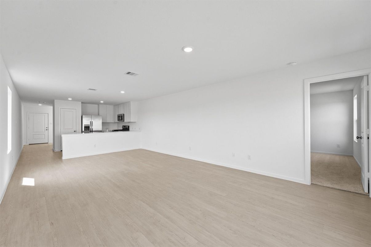 Empty room, Interior, Kitchen, Recessed Lighting, Wood Texture Flooring