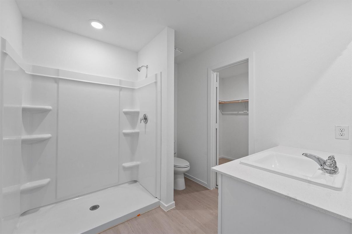 Bathroom, Glass Shower, Interior, Recessed Lighting, Wood Texture Flooring
