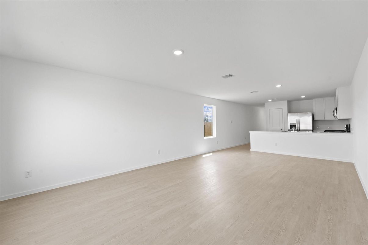 Empty room, Interior, Kitchen, Recessed Lighting, Wood Texture Flooring