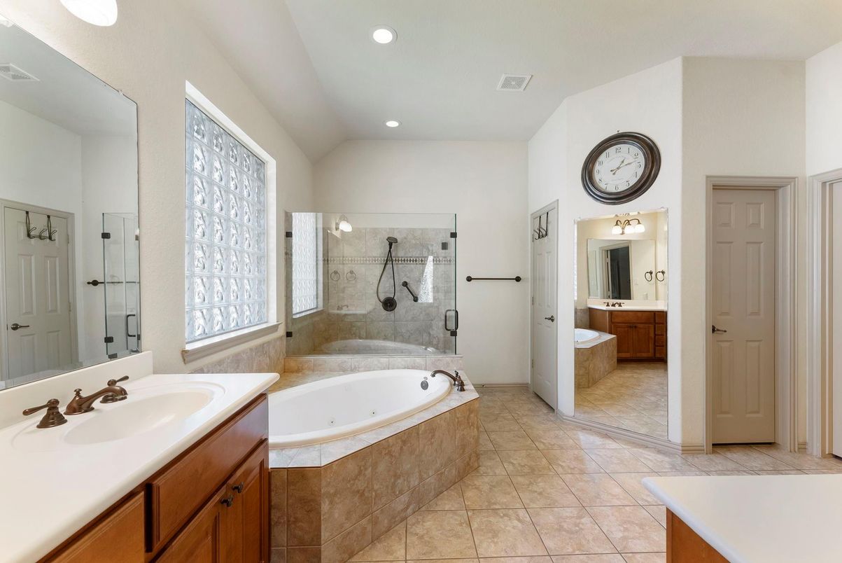 Bathroom, Dual Sink Vanities, Glass Shower, Interior, Recessed Lighting