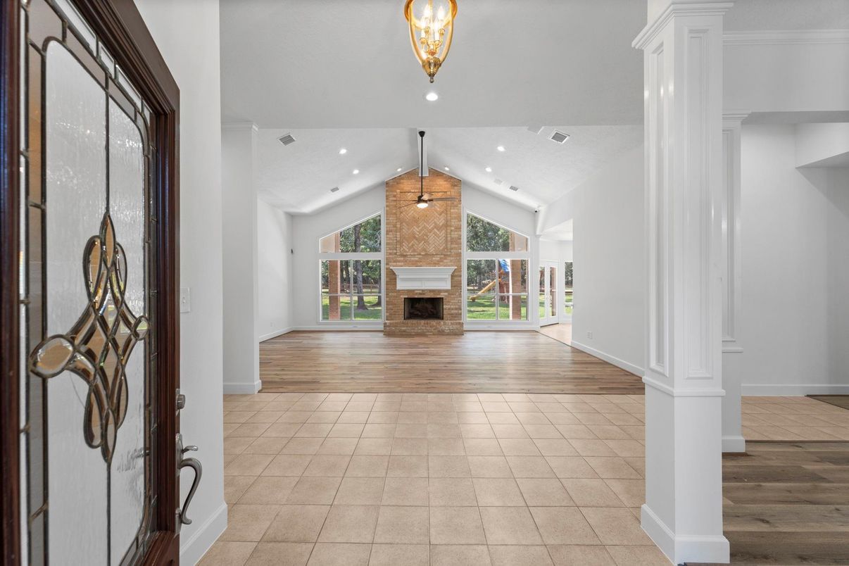 Fireplace, Interior, Pendant Lights, Recessed Lighting, Wood Texture Flooring