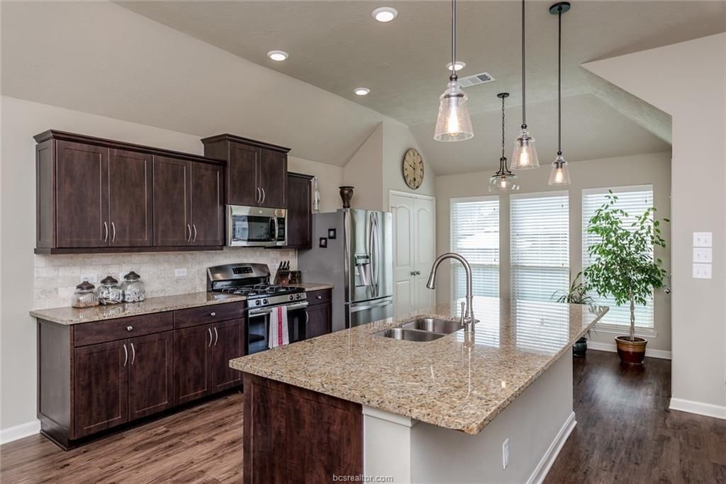 Interior, Kitchen, Pendant Lights, Recessed Lighting, Stainless Steel Appliances, Wood Texture Flooring