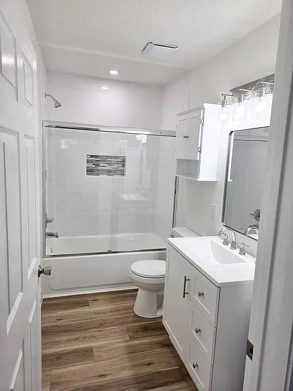 Bathroom, Glass Shower, Interior, Recessed Lighting, Wood Texture Flooring