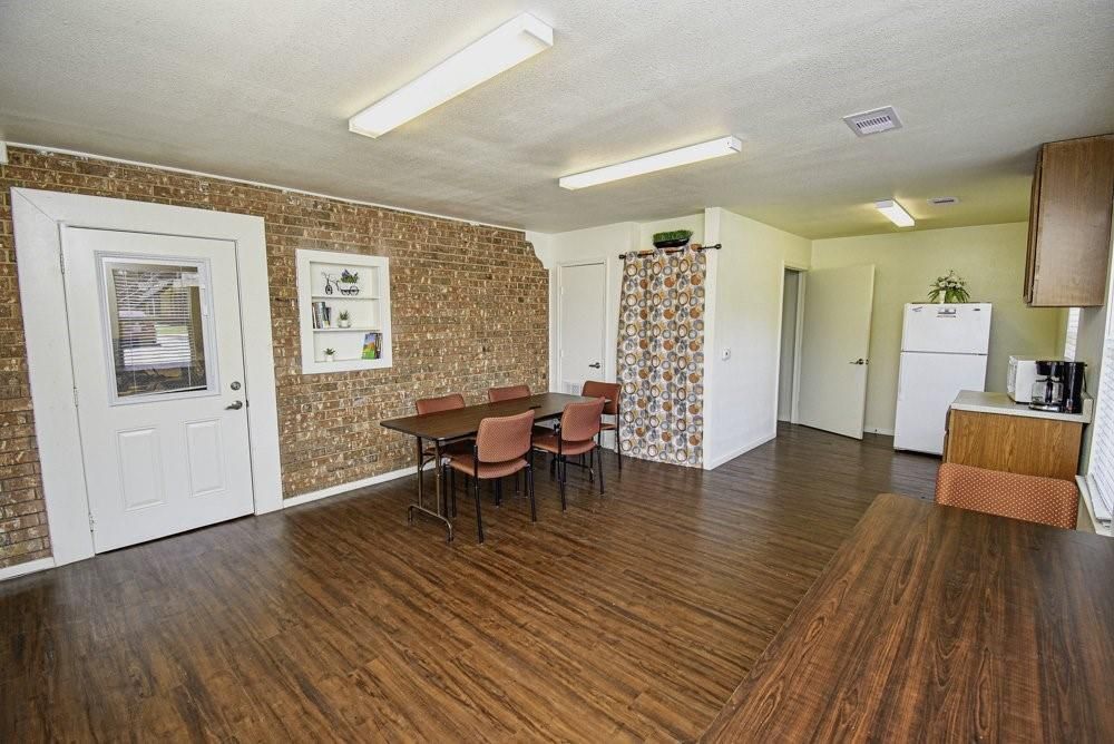 Dining room, Interior, Stone Walls, Wood Texture Flooring