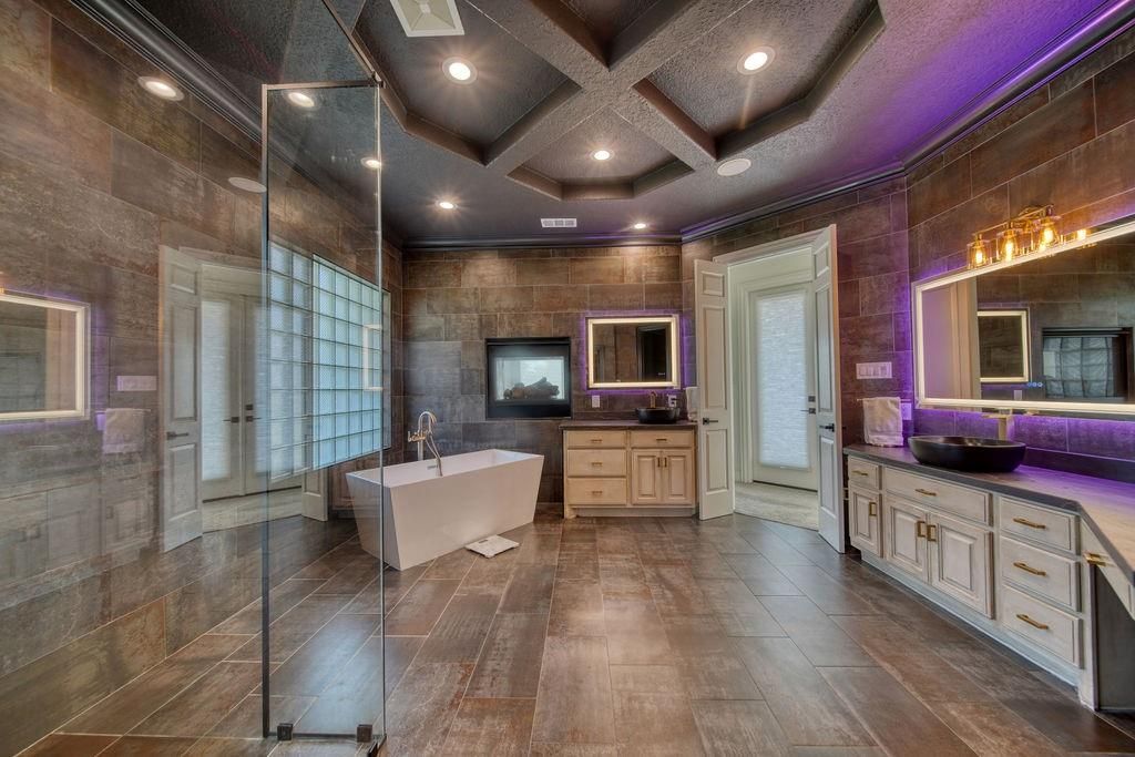 Bathroom, Dual Sink Vanities, Free Standing Baths, Glass Shower, Interior, Recessed Lighting, Wood Texture Flooring