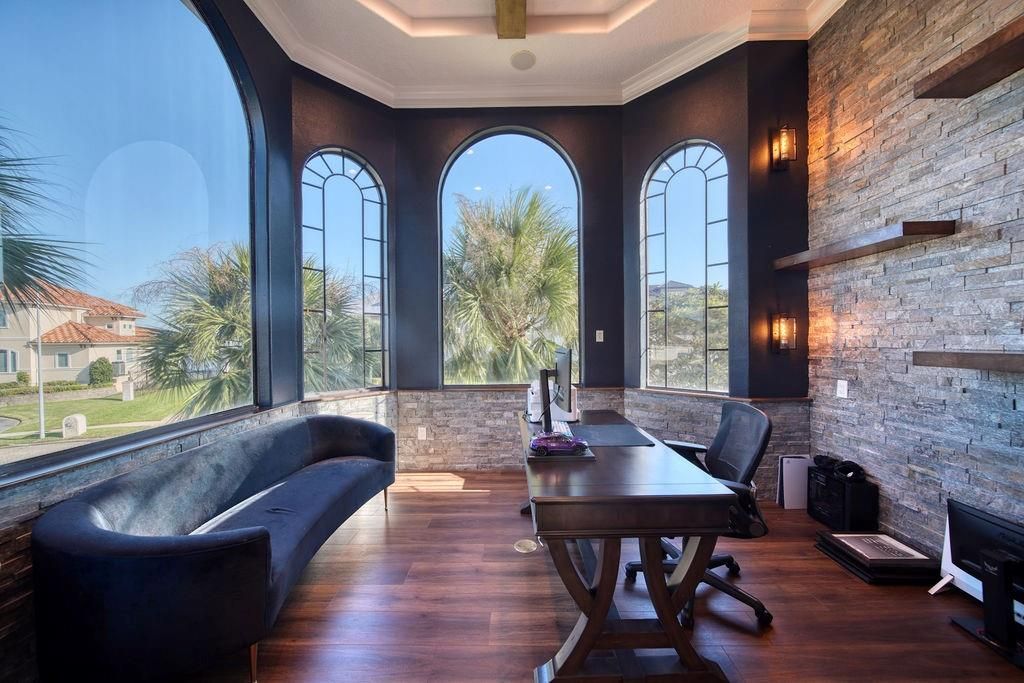 Home Office, Interior, Stone Walls, Wood Texture Flooring