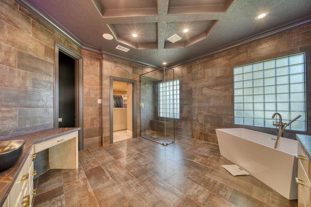 Bathroom, Free Standing Baths, Glass Shower, Interior, Recessed Lighting, Wooden Walls