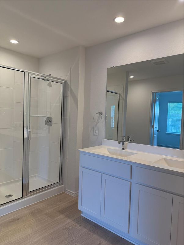 Bathroom, Glass Shower, Interior, Recessed Lighting, Wood Texture Flooring