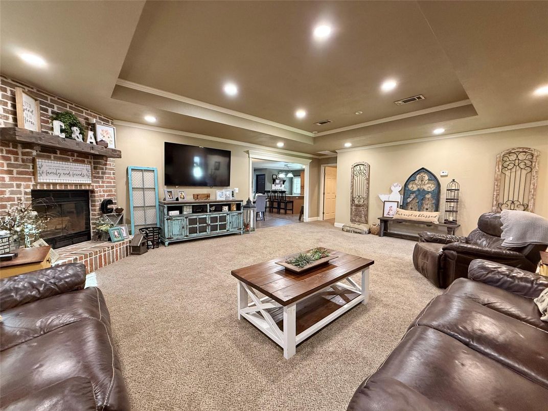 Fireplace, Interior, Living room, Recessed Lighting, Stone Walls