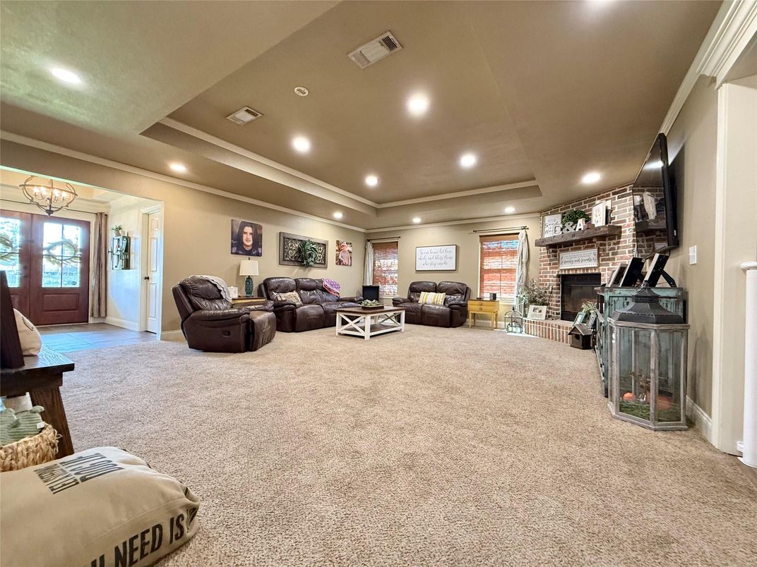 Fireplace, Interior, Living room, Recessed Lighting, Stone Walls