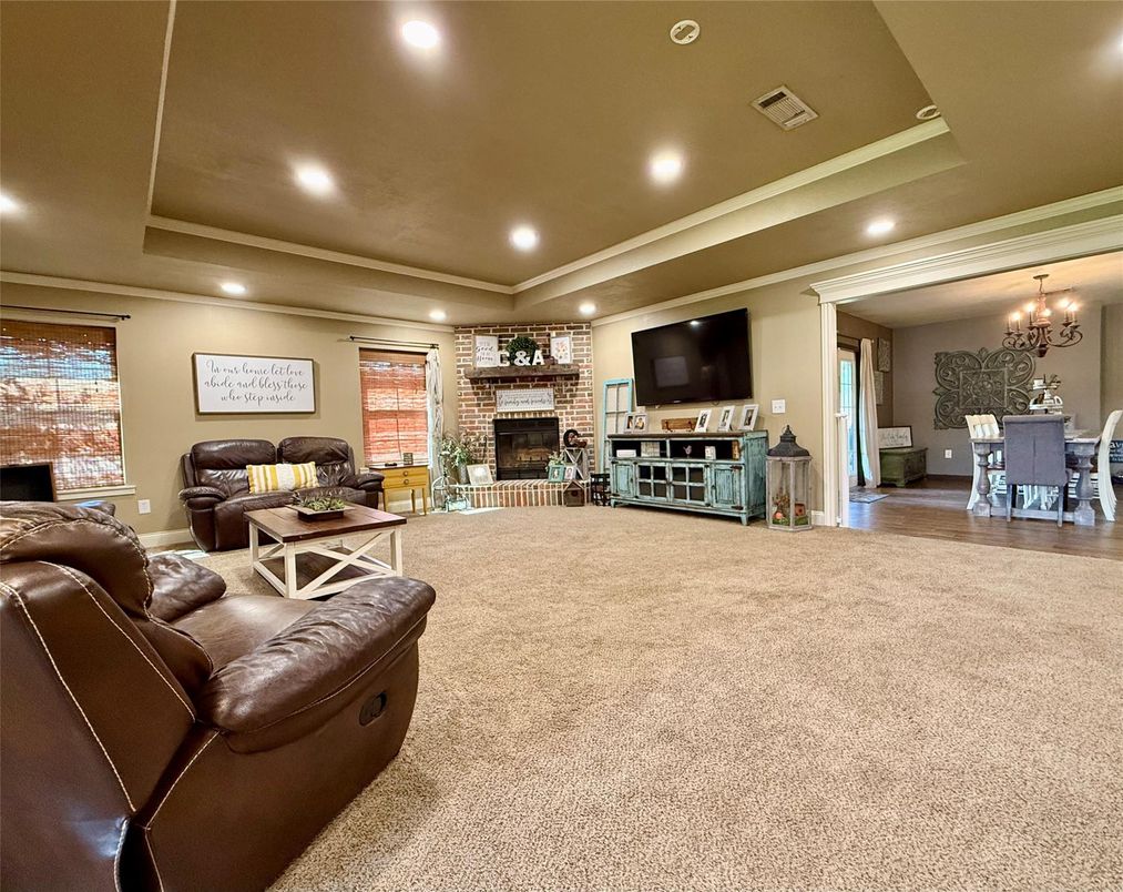 Chandelier, Dining room, Fireplace, Interior, Living room, Recessed Lighting, Stone Walls