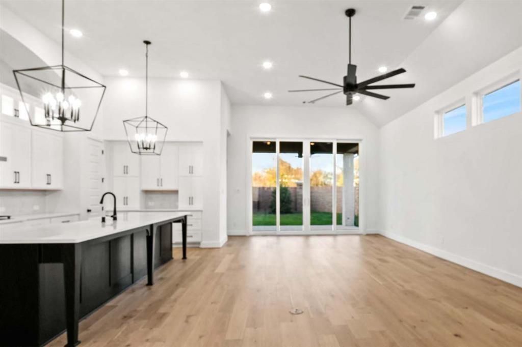 Chandelier, Empty room, Interior, Kitchen, Pendant Lights, Recessed Lighting, Wood Texture Flooring