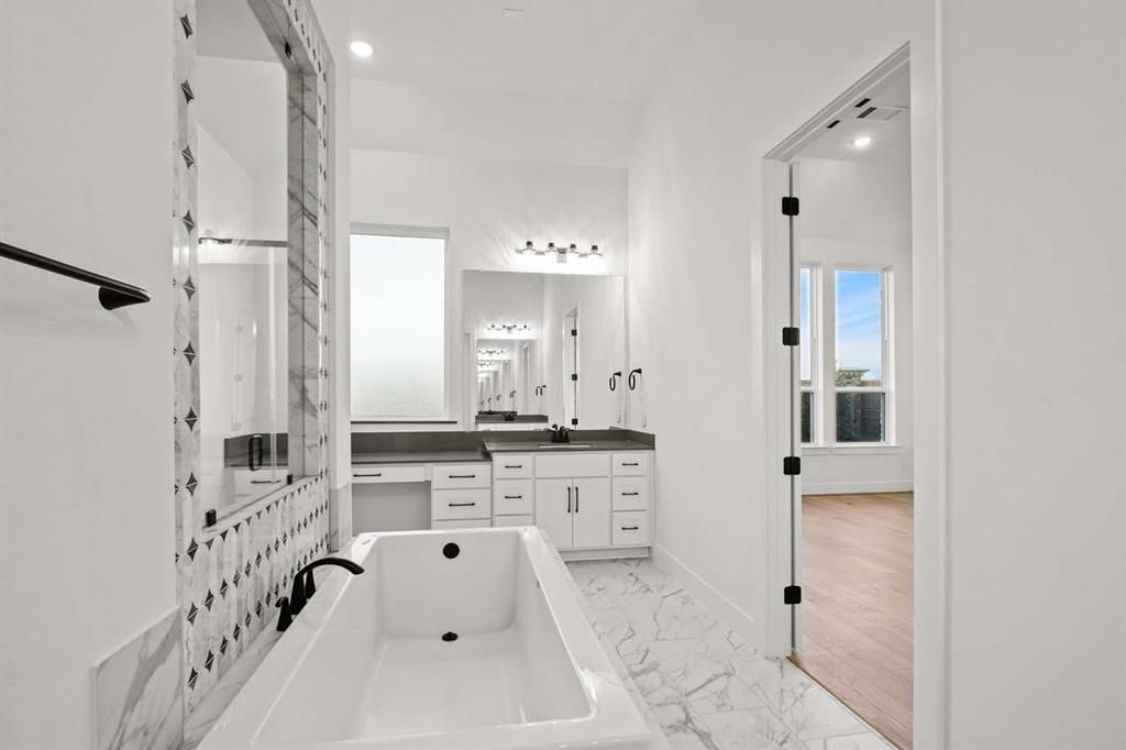 Bathroom, Interior, Marble, Recessed Lighting, Wood Texture Flooring