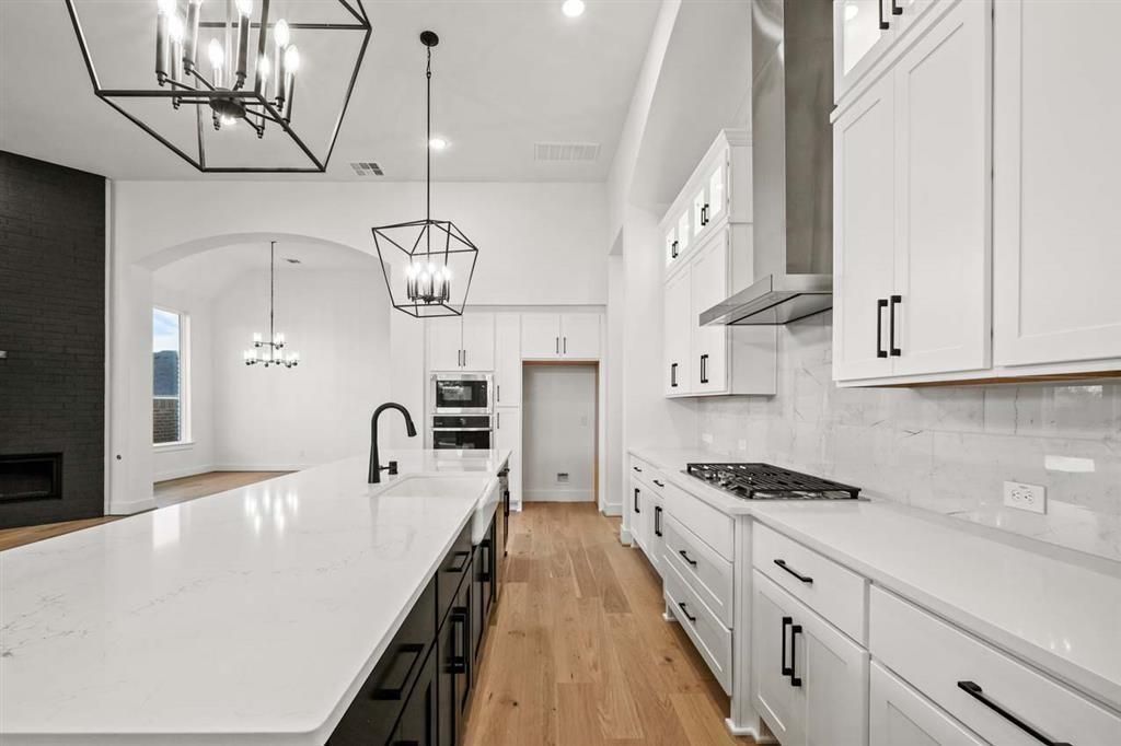 Chandelier, Interior, Kitchen, Pendant Lights, Recessed Lighting, Wood Texture Flooring