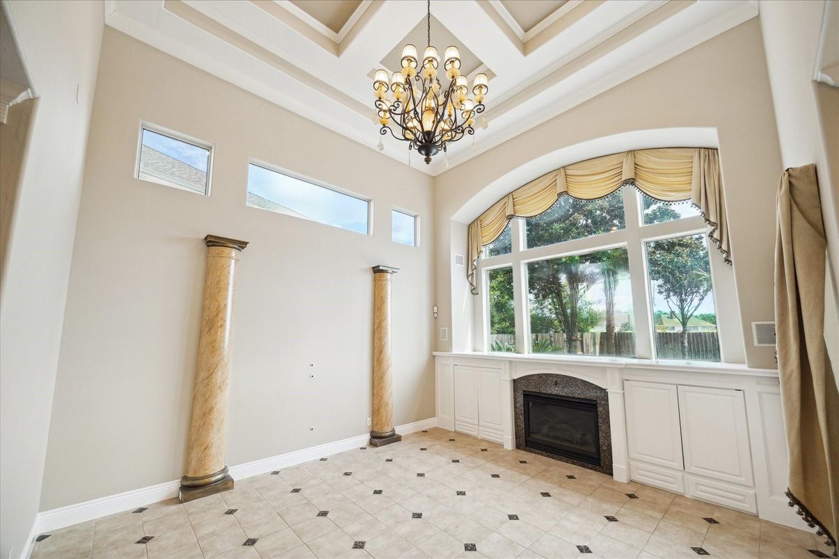 Chandelier, Fireplace, Interior
