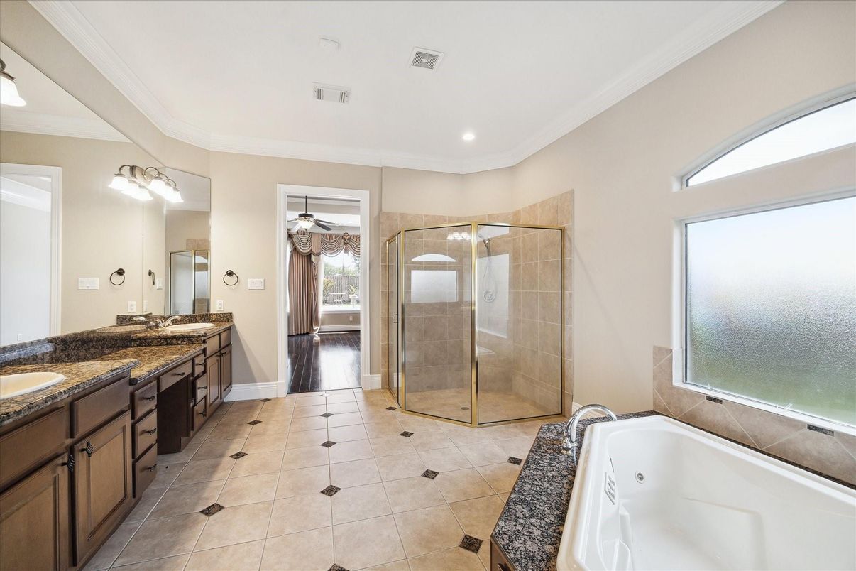 Bathroom, Dual Sink Vanities, Glass Shower, Interior, Recessed Lighting