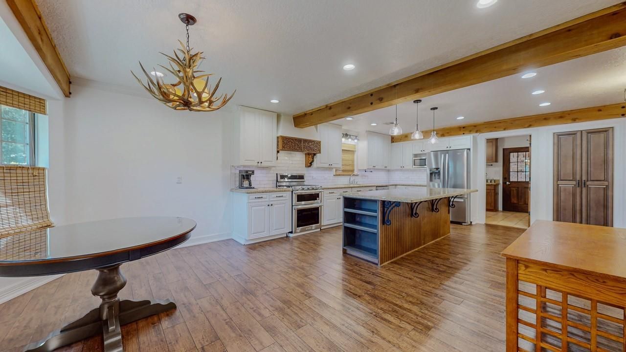 Interior, Kitchen, Pendant Lights, Recessed Lighting, Stainless Steel Appliances, Wooden Beams, Wood Texture Flooring