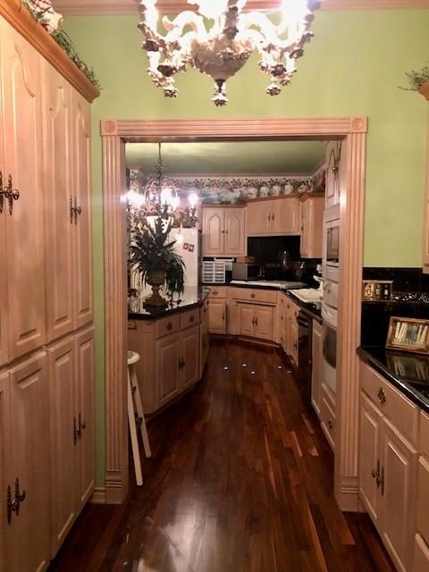 Chandelier, Interior, Kitchen, Stainless Steel Appliances, Wood Texture Flooring