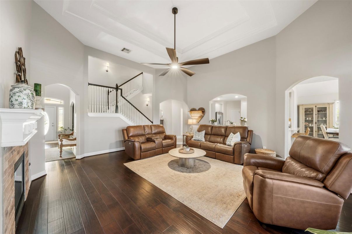 Fireplace, Interior, Living room, Pendant Lights, Wood Texture Flooring