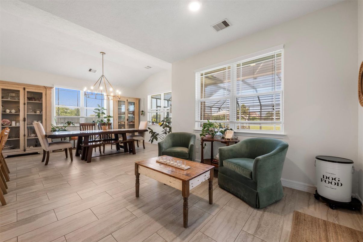 Dining room, Interior, Living room, Pendant Lights, Recessed Lighting, Wood Texture Flooring