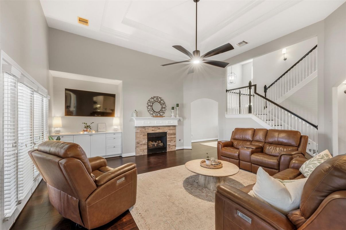 Fireplace, Interior, Living room, Pendant Lights, Wood Texture Flooring