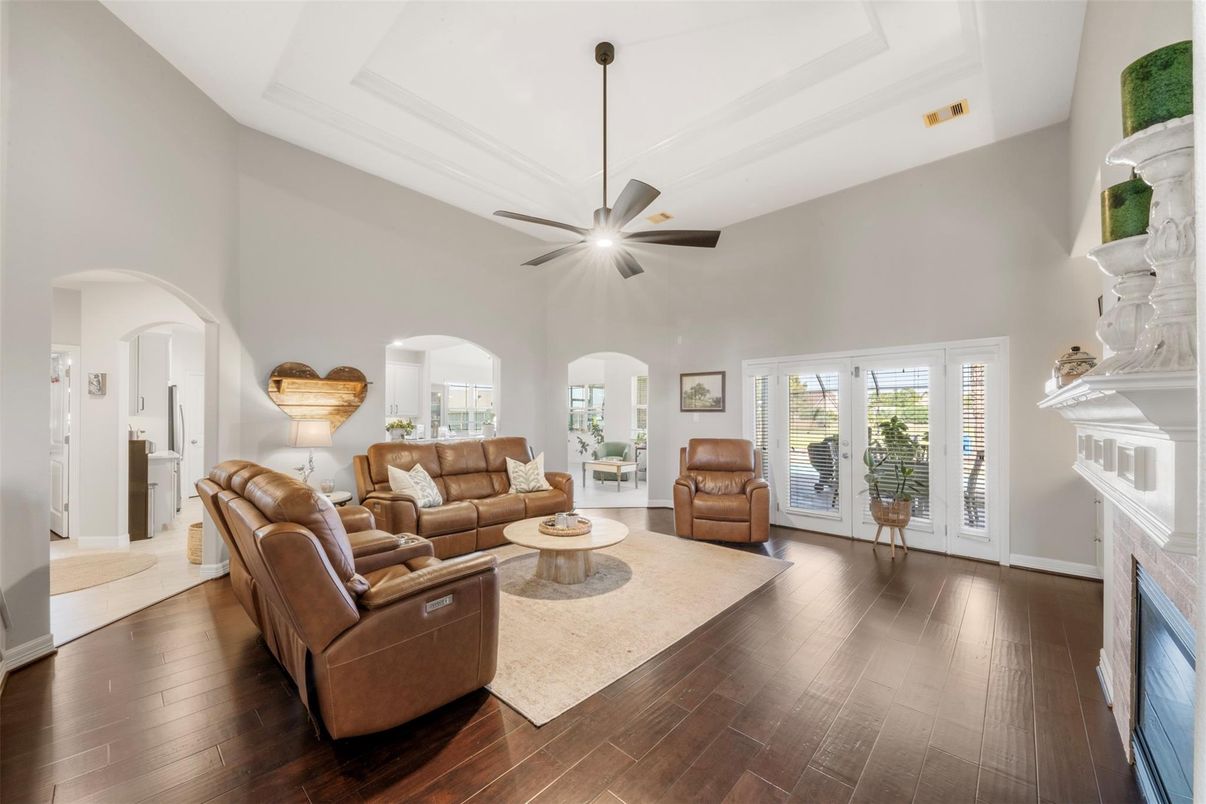 Fireplace, Interior, Living room, Pendant Lights, Wood Texture Flooring