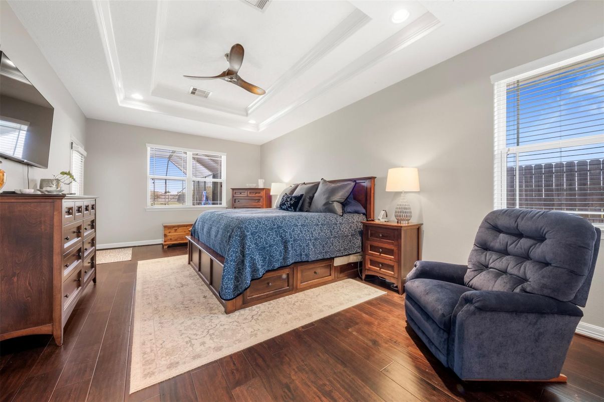 Bedroom, Interior, Recessed Lighting, Wood Texture Flooring