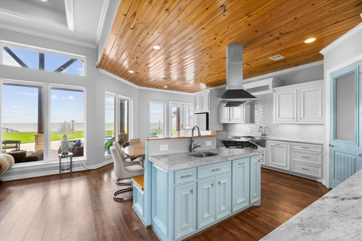 Interior, Kitchen, Recessed Lighting, Stainless Steel Appliances, Water, Wooden Ceilings, Wood Texture Flooring