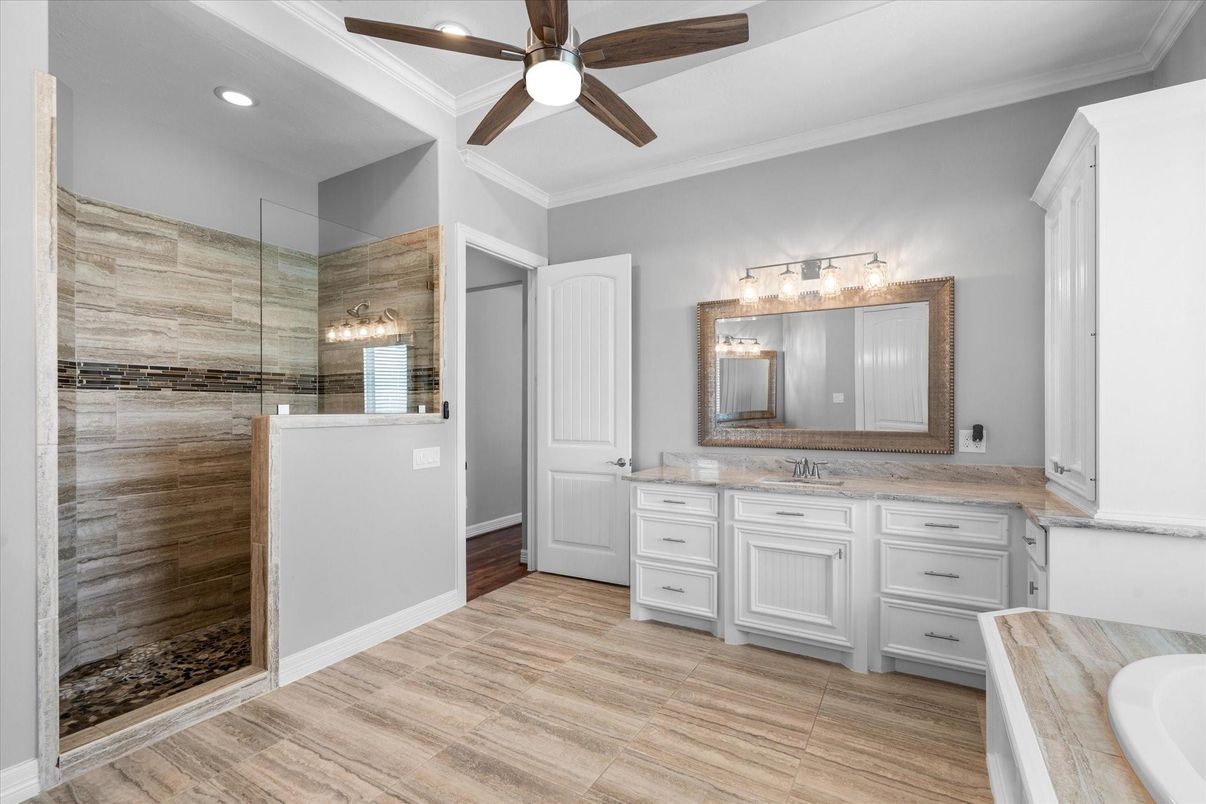 Bathroom, Dual Sink Vanities, Glass Shower, Interior, Recessed Lighting, Wood Texture Flooring