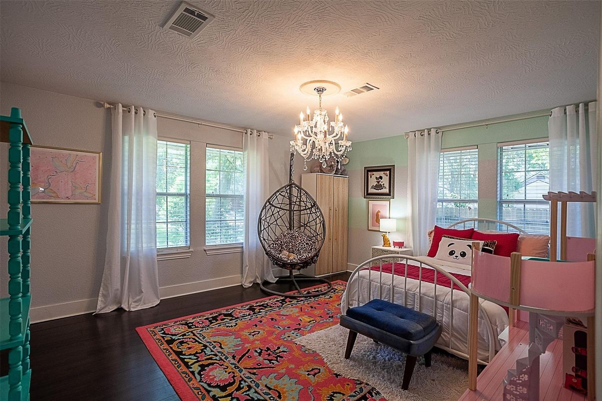 Bedroom, Chandelier, Interior, Wood Texture Flooring