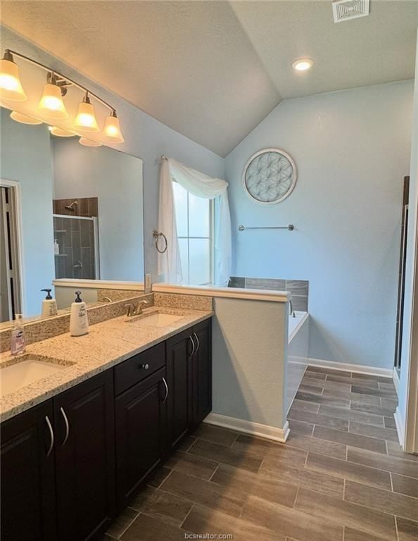Bathroom, Dual Sink Vanities, Interior, Recessed Lighting, Wood Texture Flooring